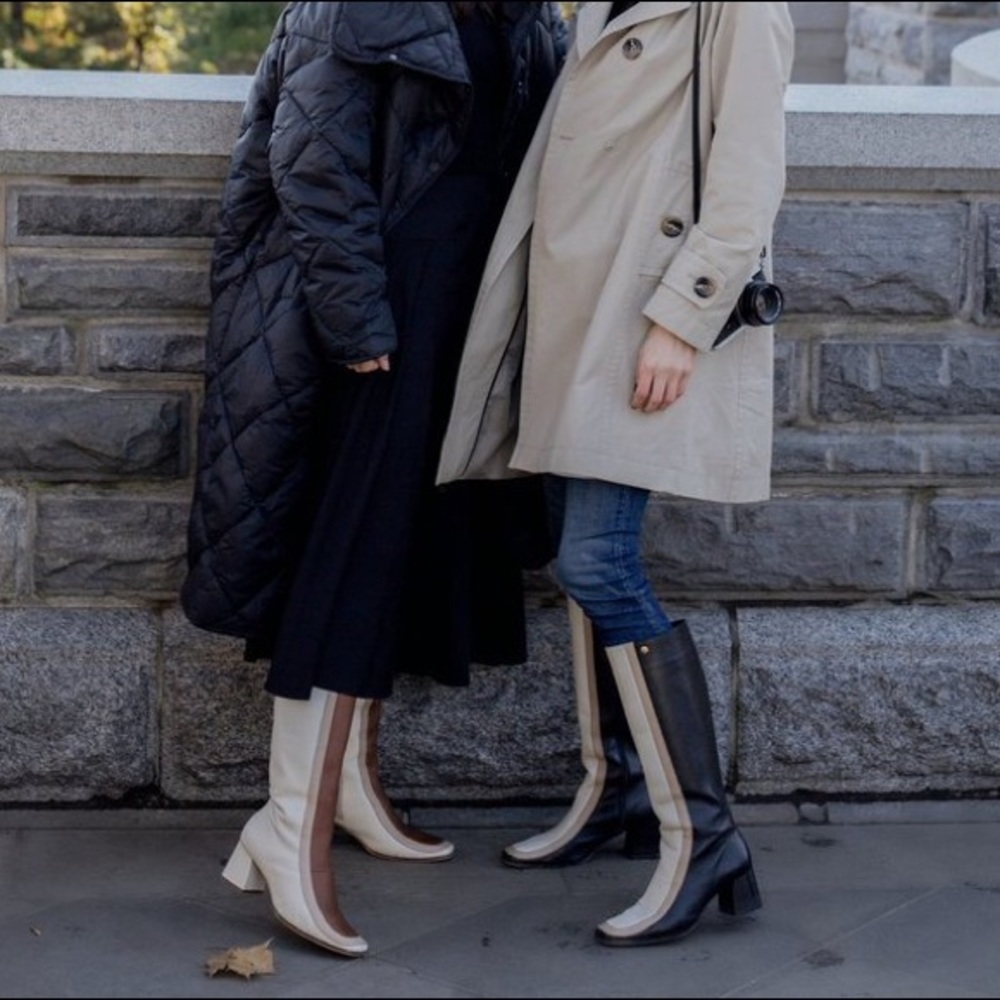 70s Revival Leather Colorblock Knee-High Heeled Boots - Picture 5 of 15
